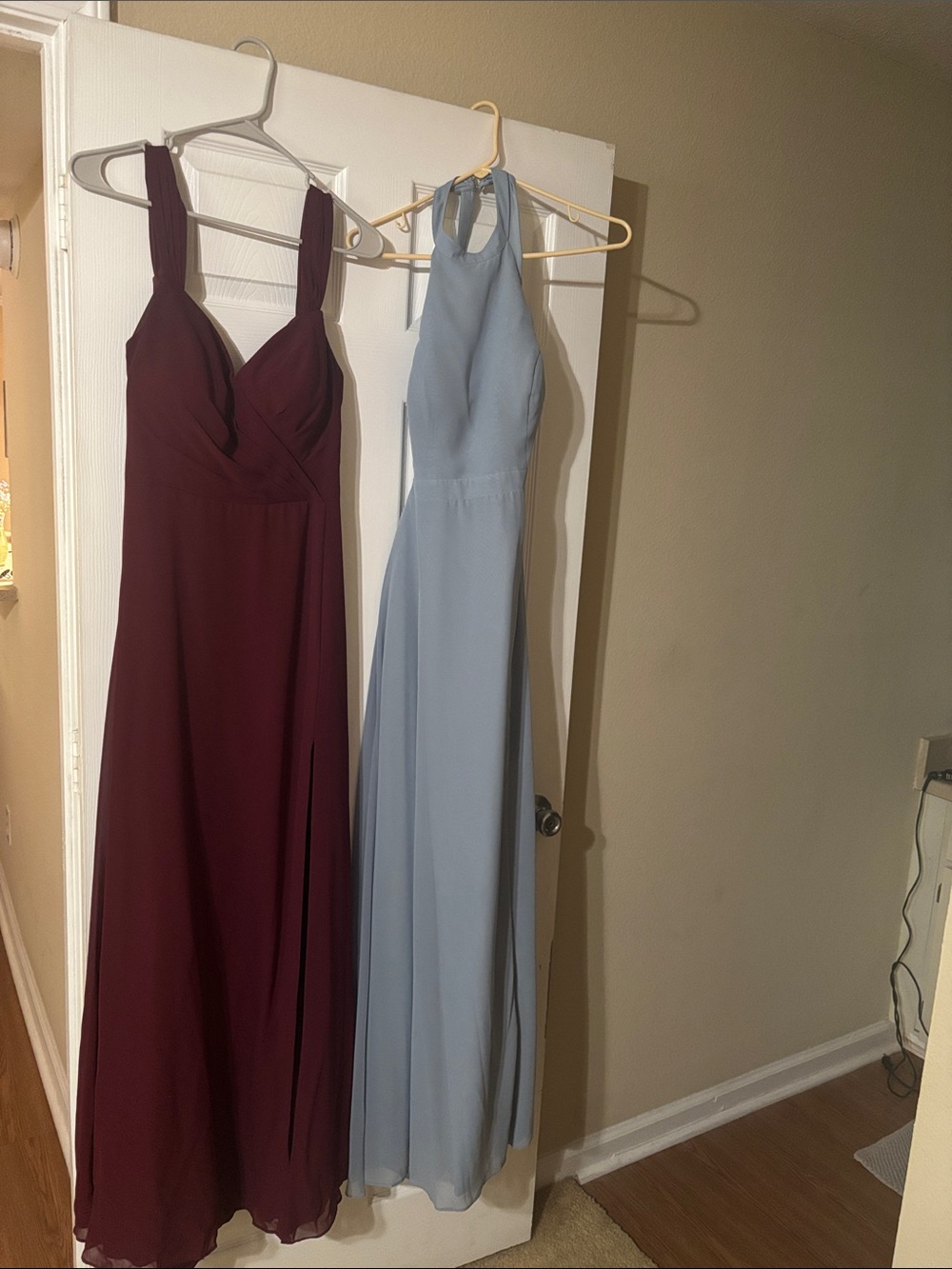 Azazie Burgundy and Light Blue Maxi Gown Duo
